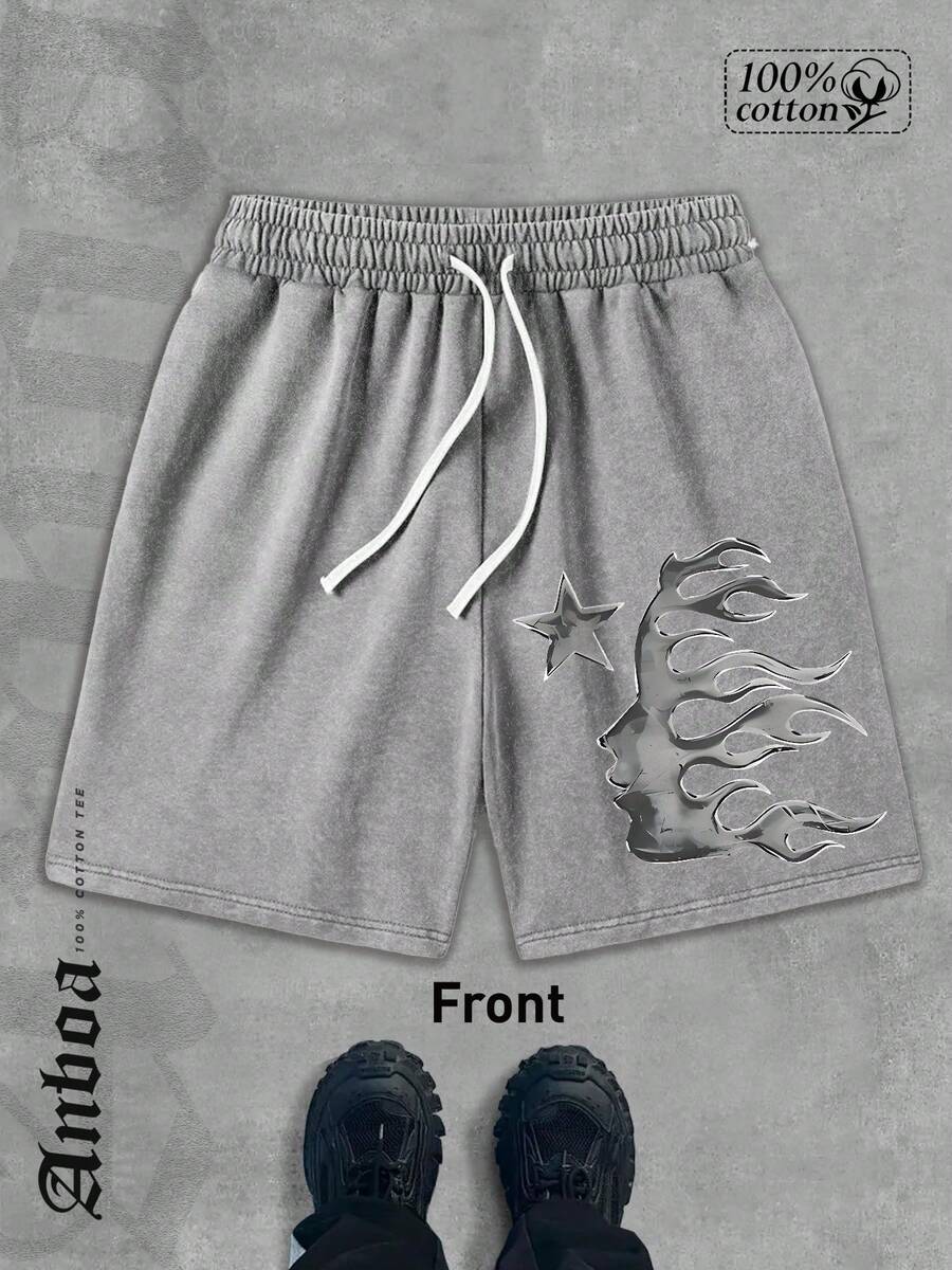 Star Flame Design Gradient Washed Shorts, Y2K 100% Cotton Men's Graphic Print Shorts, Men's T-Shirts, Custom Men's Tops, Men's Shirts, Summer Shorts, Personalized T-Shirts, Men's Graphic Shorts - 灰色 - 查看 1