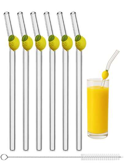 6 عبوات من القش الزجاجي المزين بالليمون مع فرشاة التنظيف - أنابيب شرب قابلة لإعادة الاستخدام بتصميم برتقالي نابض بالحياة، مثالية لمشروبات الصيف والكوكتيلات بجانب المسبح والمشروبات الباردة والشواء - مقاومة للكسر، صديقة للغسالة الآلية والمدرسية