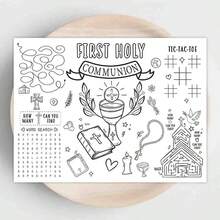Decoraciones para la fiesta de la Primera Comunión - 1 Set de manteles individuales y tarjetas de papel desechables para colorear, recuerdos para eventos, manteles individuales de papel a color con cruces para bautizo para el hogar, baby shower, celebraciones familiares - Multicolor - Ver 4