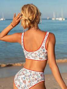 Trajes de baño de playa para mujer, 2025, con estampado de plantas y hojas, estilo bohemio, sexy, con ribete en contraste, para verano. - Multicolor - Ver 3
