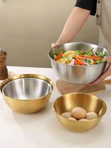 A Set Of Three Stainless Steel Mixing Bowls, Kneading Bowls, Salad Bowls, For Cooking Food, Kitchenware