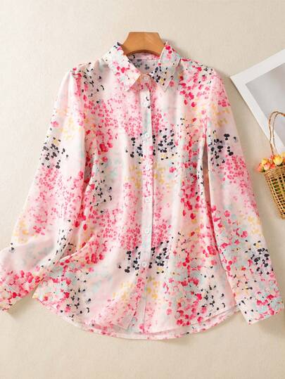 Women's Ditsy Floral Shirt, Button Front Collared Long Sleeve Blouse, Suitable For Everyday, Holidays, Travel, Dates, Spring, Summer, Autumn, Winter