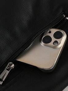 LEDUNTINO Men's Fashion Zipper Casual Outdoor Motorcycle Leather Jacket, Sports Style, Solid Color, Bomber Jacket, Men's Spring/Autumn Stand Collar, Motorcycle Windbreaker Leather Jacket, Versatile, Suitable For Outdoor And Commuting, Ideal Gift For Boyfriend Or Husband, Thermal Lined, Winter Style - Black - View 6