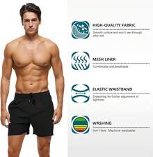 Men's Swim Trunks Quick Dry Beach Shorts With Zipper Pockets And Mesh Lining - Black - View 3