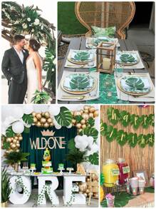 10 pièces - Décorations de fête de feuilles tropicales artificielles, fausses feuilles vertes tropicales pour décorations de fête, thème de fête de la jungle et de la plage, décorations de table de feuilles