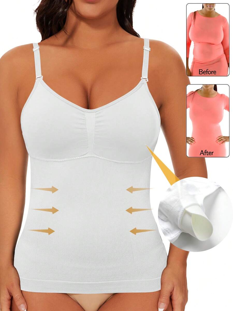 Women's Built-In Bra Tank Top Tummy Control Shapewear Seamless Slimming Camisole With Padded Bra Scoop Neck Compression Cami Top Gym Yoga Fitness - Blanco - Ver 1