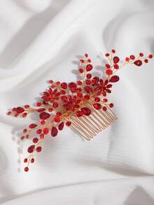 1件水晶水钻装饰新娘头饰，优雅发饰，适用于婚礼、宴会、派对、情人节配饰 - 紅色 - 查看 4