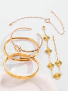 Set de 5 piezas de brazaletes de joyería con adorno de trébol dorado de moda casual, adecuado como regalo para mamá, amigos, familia, esposa, novia, compañeros de clase para festividades