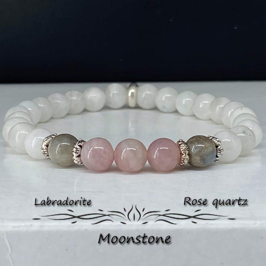 1 Handmade Moonstone, Labradorite & Rose Quartz Beaded Charm Bracelet - Elegant Women's Jewelry, Birthday, Anniversary Or Anything Goes Gifts