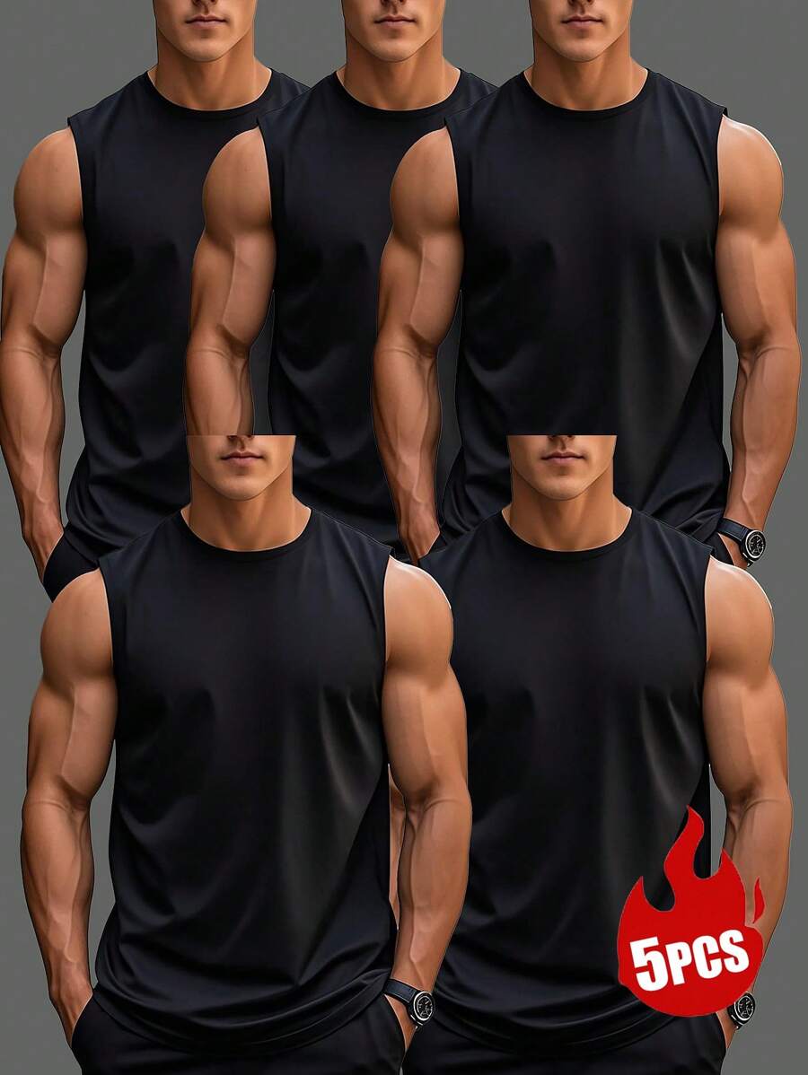 Set de 5 chalecos deportivos casuales para hombre, de tejido de punto transpirable y ligero, de cuello redondo sin mangas, adecuados para hacer ejercicio y uso casual