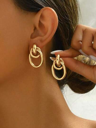 1pair Fashionable Gold Tone Metal Multi-Turn Knotted Design Stud Earrings Women, Double Hoop Studs, Statement Dangling Earrings, Unique Earrings. (Color Of Product May Vary Slightly Under Different Displays/Lighting Conditions)