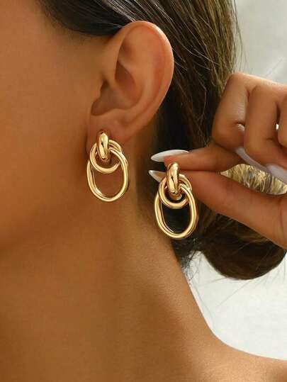 1 Pair Fashionable Gold Metal Multi-Circle Knot Design Dangle Earrings, Unique Style Suitable For Women's Daily Wear, Parties, Business Trips Or Work