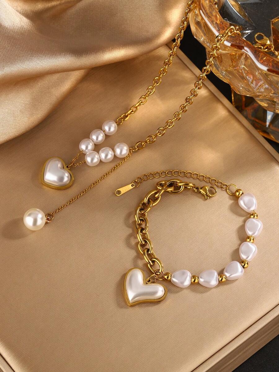 1 Set Romantic Heart Shaped Pendant & Beaded Stainless Steel Jewelry Set, Suitable For Women's Fashion Wear Or Gifting Loved Ones For Holidays