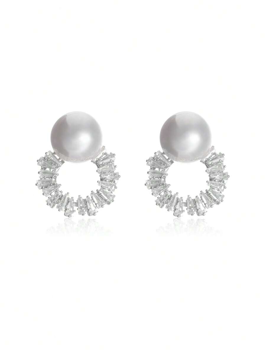 1 Pair Zirconia Faux Pearl Small Stud Earrings, Suitable For Everyday Wear