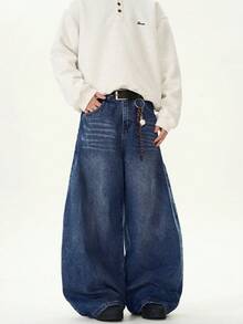 1 chiếc quần jeans Justice Brother kiểu dáng rộng rãi, ống rộng, rách rưới, phong cách vintage, thích hợp cho cả nam và nữ. - Xanh đậm - Xem 2