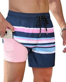 Mens Swim Trunks With Compression Lined Short Bathing Suits For Men 5 Inch Inseam Liner Men's Swimming Trunk - Grey - View 1