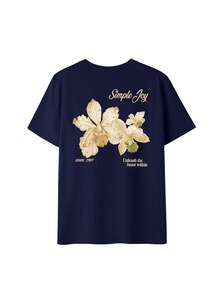 女士彩色字母花卉印花圆领T恤，时尚百搭，女士度假图案T恤 - 藏青 - 查看 4