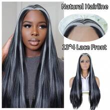 Peluca con frente de encaje sintético largo y liso de 13*4 pulgadas de color azul claro, peluca sin pegamento lista para usar, pelucas de encaje de cabello azul claro para mujeres para fiestas y cosplay - Multicolor - Ver 20