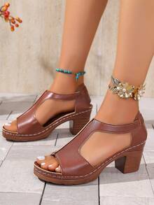 Zapatos de mujer de unicolor con estilo bohemio y retro, sandalias de tacón alto azules para damas, sandalias de tacón grueso - Marrón - Ver 3