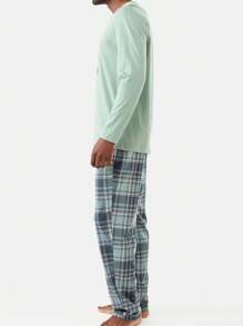 2pcs Men Sleepwear Set, Cartoon Letter Printed Long Sleeve Top And Plaid Printed Bottoms, Casual And Comfortable Loungewear Suit For Spring And Autumn