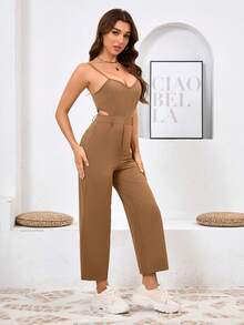 Mameluco Sensual de Tirantes: Escote en V + Detalle de Corte en la Cintura y Bolsillos Laterales - Elegancia Atrevida en Pantalón Largo - Caqui - Ver 4