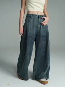 Women's Faux Pocket Design Distressed Wide Leg Denim Pants - Blue - View 2