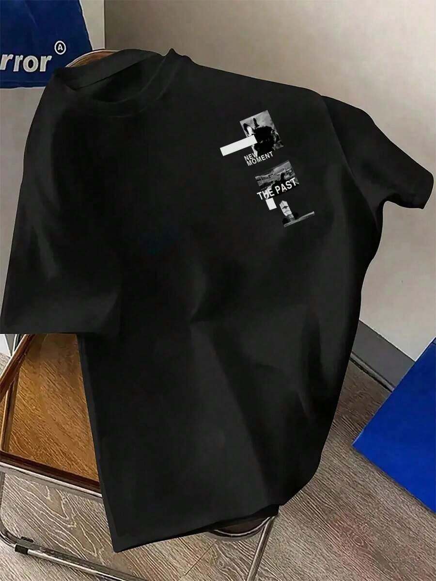 Men's Graphic Print Round Neck Short Sleeve T-Shirt, Suitable For Summer - Negro - Ver 1