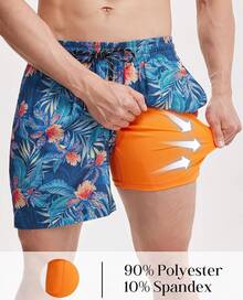 Mens Swim Trunks With Compression Lined Short Bathing Suits For Men 5 Inch Inseam Liner Men's Swimming Trunk - Navy Flower - View 3