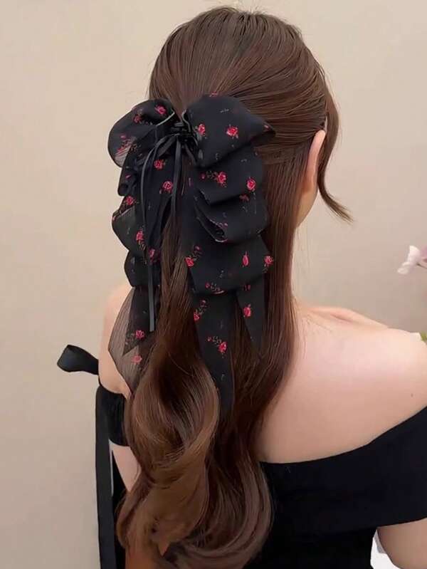 1pc Ditsy Floral Bowknot Barrette, Elegant Sweet Lady Hair Clip, Updo Hairstyle, Versatile For Daily, Party, Commuting, Vacation