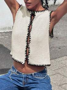 Vivid Style Women's Simple Crew Neck Niche Short Knit Cardigan Sweater Vest Vest, Handmade Sewn Edge Design, Back To School Clothes, Cute Tops Women