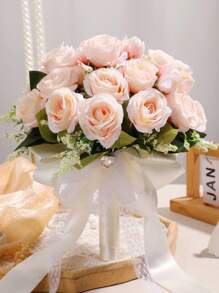 1PC Bridal Bouquet For Wedding; Lace Ribbon Tied Artificial White Rose Flower; Wedding Home Decoration; Wedding Ceremony; Bride's Hand-Held Flower; Church Wedding Ceremony Bridesmaid Prop; Outdoor Wedding Party Photography Decoration Prop