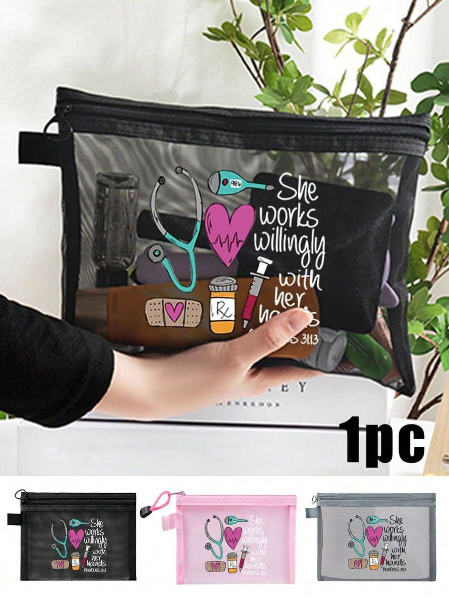 Mesh Nylon Nurse Themed Cosmetic Bag,Casual Style, Stethoscope, Heart, Syringe, Thermometer Graphic Print, "She Works Willingly With Her Hands,Cute Makeup Bag,The Best Gift For Medical Staff, Gift For Women,Portable Multipurpose Cosmetic Bag, Women's Makeup Bag Travel Toilet Organizer, Back To School Doctor Nurse Gift,Makeup Bag Skincare Bag Toiletry Bag,Travel Essentials Dorm Essentials - Multicolor - View 1