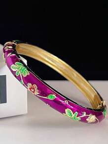 1 pieza Pulsera bohemia nueva y elegante estilo con esmalte champlevé chapado en oro y patrón floral, adecuada como joyería para mujeres y niñas