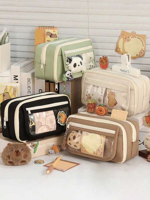 1pc New Simple Solid Color Canvas Capybara Student Stationery Bag, Multi-Layer Large Capacity High-Quality Stationery Storage Box, Multi-Functional Cosmetic Organizer,Pencil Case,Pencil Pouch,School Bag