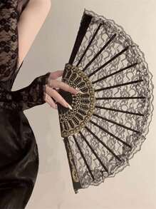 1pc Exquisite Gold Rose Lace Fan, Elegant And Beautiful Lace Material, Cool Fan Accompanies Your Daily Travel, Gatherings And Parties, Suitable For Photography And Dancing, A Must-Have Decorative Item For Fashionable Women's Charm! Vintage Black Lace Folding Fan JK Lolita Cheongsam Fan Antique Style Photo Props Lace Lace Women Folding Summer Wedding Gifts Dance High End Props Folding Fan Fan Hand Fanfolding Fan
