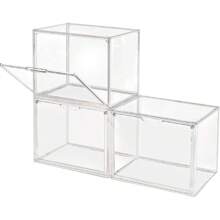 Clear Stackable Plastic Storage Bins With Magnetic Lid, Dustproof Book & Cosmetic Display Cases, Large Figures Collectibles Showcase, Shoe Box, Protection Organizer (Transparent, L-3 Pack)