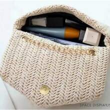 Women's Casual Woven Shoulder Bag, No Print Design, Magnetic Closure, Lightweight, Polyester Lining, Metal Chain Strap, Suitable For Daily Commute And Beach Holiday