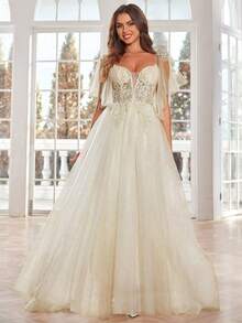 Suknie ślubne z koronki w kolorze kości słoniowej, długie, z ręcznie zdobionymi koralikami, krótkie rękawy, suknia ślubna z tiulu, linia A, dekolt w serek, zamek błyskawiczny z tyłu