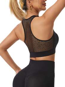 Front Zip Yoga Sports Bra, Breathable Mesh Hollow Out Plus Size Racerback Wireless Sports Bra