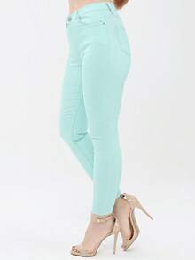 Women High Waist Linen Tight Leg Pants, Solid Color Casual With Drawstring & Pockets - Mint Blue - View 3