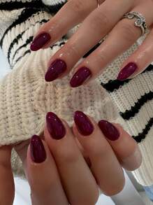 Set di 24 unghie finte con forma mandorla minimalist, colore bordeaux, corte ed eleganti, con 1 lima per unghie e 1 colla in gel