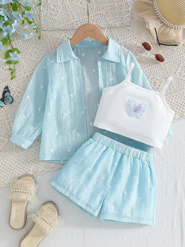Girls Sweet Butterfly Embroidery Chiffon 2-Piece Set, Fresh Summer Style For Casual, Vacation, Outdoor, Park Stroll, Family Gathering