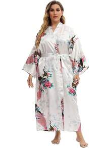 Women's Floral Long Satin Robes Plus Size Long Silk Robes Peacock Floral Kimonos Sleepwear Dressing Gown - 白色 - 查看 2