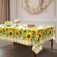 1pc Round & Rectangular Tablecloth - Orange Buffalo Plaid Sunflower & Daisy Floral Pattern, Durable Polyester Woven Fabric, 60x60, 55x70, 60x86 Inch, Spring Summer June Festival Party Picnic Dinner Kitchen Dining Room Indoor Outdoor Decor, Buffalo Plaid Table Decoration, Holiday Dining Table Accessory, Woven Textile
