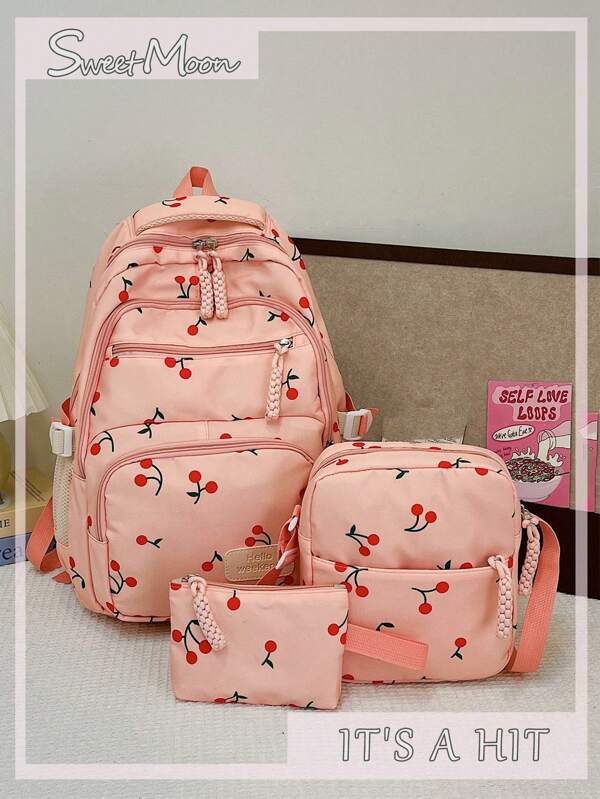 Set de 3 mochilas con cremallera, estilo casual, con estampado liso de nailon, fresa, lazo y cereza, de gran capacidad y plegables, con múltiples bolsillos, para mujer, para la escuela, la universidad, las compras y los viajes
