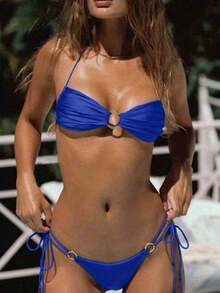 Women's Solid Color O-Ring String Tie Up Bikini Swimsuit Cheeky Thong Swimwear Two Pieces Bathing Suit - 藍色 - 查看 3