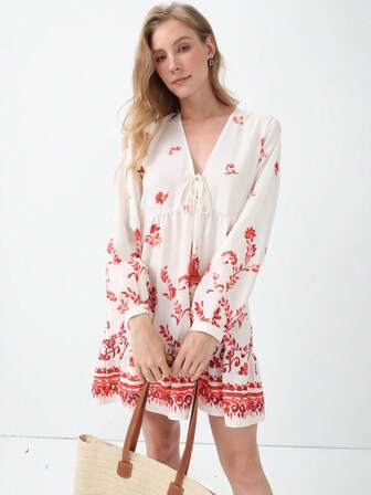 Abito estivo da donna con scollo a V, laccio, stampa di perline, ampio, stile bohémien da vacanza