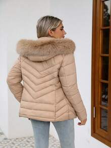 女士休闲连帽加厚夹克，带口袋，轻盈保暖加厚外套，适合日常穿着 - 杏色 - 查看 2