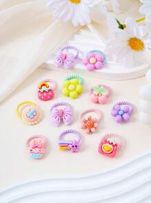 50pcs/Set Random Mix Color & Design Bow Elastic Hair Bands, Cute Flower Vegetable Fruit Strawberry Hair Accessories, Suitable For Girls Daily Use