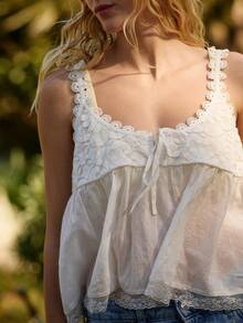 Women Summer Boho Lace Trim Tank Tops Y2k Tie Front Semi Sheer Crop Vest Cute Sleeveless Scoop Neck Flowy Cami Shirt Going Out Cotton Peplum Tops Beach Vacation Clothes Streetwear - 白色 - 查看 5